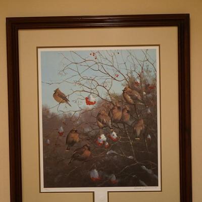 OWEN GROMME CEDAR WAXWINGS IN WINTER   66/ 500 SIGNED PROFESSIONAL MATT AND FRAMED