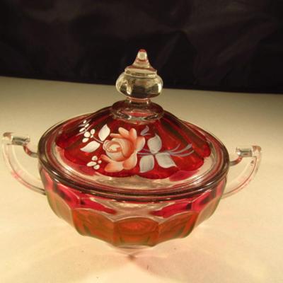 Westmoreland Hand Painted Glass Sugar Bowl with Lid (Signed and Dated)