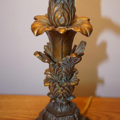 DECORATIVE BRONZE TONE TABLE LAMPS WITH ACANTHUS LEAVES /SILK SHADES W/ BEADED TASSLES