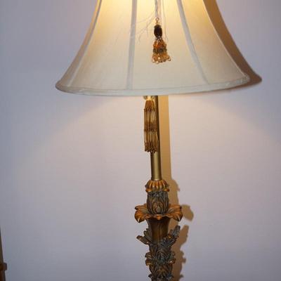 DECORATIVE BRONZE TONE TABLE LAMPS WITH ACANTHUS LEAVES /SILK SHADES W/ BEADED TASSLES