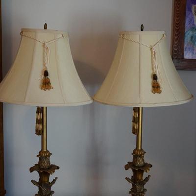 DECORATIVE BRONZE TONE TABLE LAMPS WITH ACANTHUS LEAVES /SILK SHADES W/ BEADED TASSLES