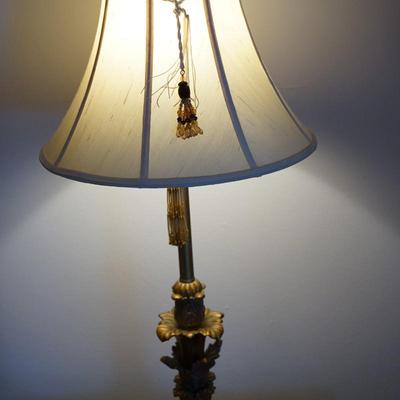 DECORATIVE BRONZE TONE TABLE LAMPS WITH ACANTHUS LEAVES /SILK SHADES W/ BEADED TASSLES