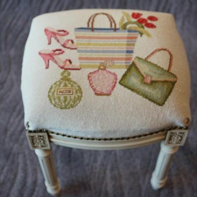 SWEET LITTLE SLIPPER STOOL WITH NEEDLEPOINT OF LADIES ACESSORIES