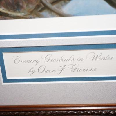 SIGNED OWEN GROMME EVENING GROSBEAKS IN WINTER MATTED /FRAMED