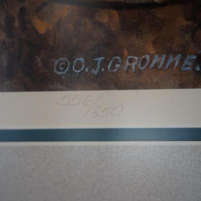 SIGNED OWEN GROMME EVENING GROSBEAKS IN WINTER MATTED /FRAMED