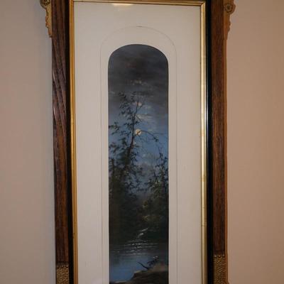 ANTIQUE FRAMED CHALK PAINTING SIGNED OF EVENING LANDSCAPE IN EASTLAKE VINTAGE FRAME