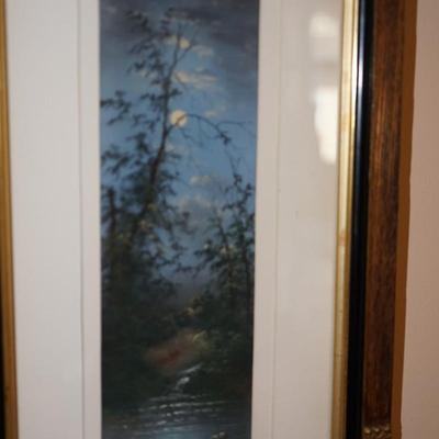 ANTIQUE FRAMED CHALK PAINTING SIGNED OF EVENING LANDSCAPE IN EASTLAKE VINTAGE FRAME