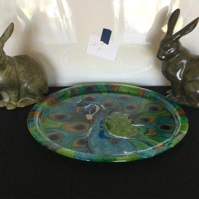 2 Decorative Pottery Bunny & Glass painted Peacock platter