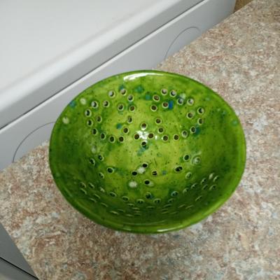 GLASS CANISTERS, COLANDER AND GREEN DEPRESSION GLASS DISH