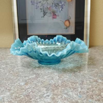LARGE FENTON RUFFLED BOWL AND FRAMED PICTURE