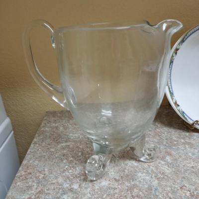 GLASS PITCHER, CANDY DISH, PLATTER AND SMALL DISH W/HANDLE