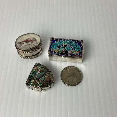 1050 Set of Three Silver Boxes, Enamel, Abalone, Reverse Painted on Glass