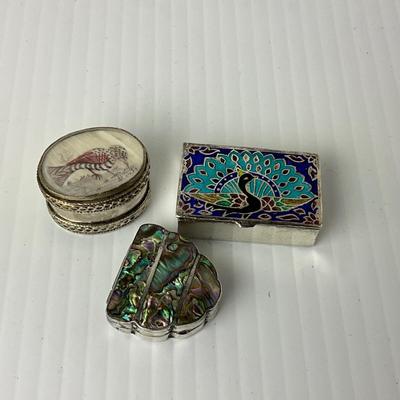 1050 Set of Three Silver Boxes, Enamel, Abalone, Reverse Painted on Glass