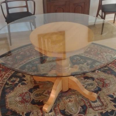 Wooden Pedestal Table with Glass Top