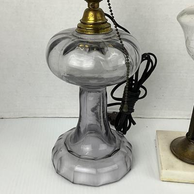 1055 Set of Two Antique Oil Lamps with Marble Base