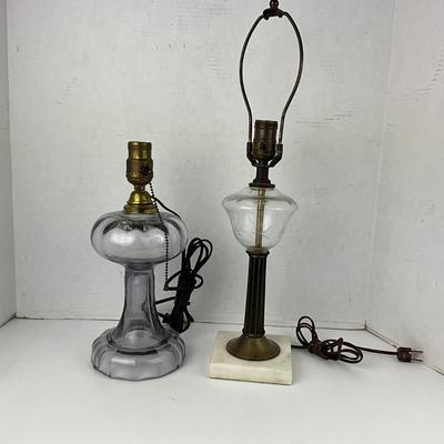 1055 Set of Two Antique Oil Lamps with Marble Base