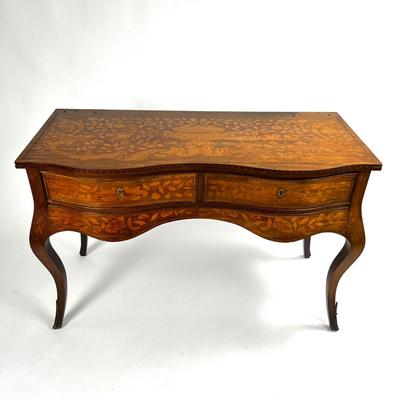 1101 Antique Dutch Marquetry Inlaid Vanity Desk & Dutch Marquetry Vanity Bench