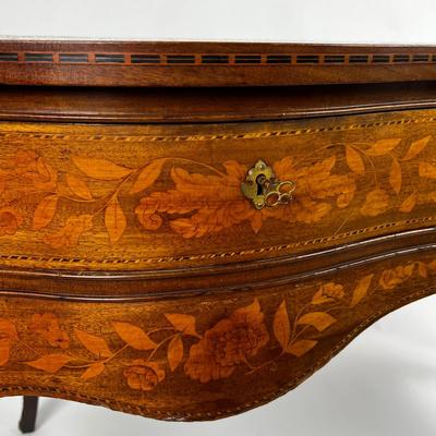 1101 Antique Dutch Marquetry Inlaid Vanity Desk & Dutch Marquetry Vanity Bench