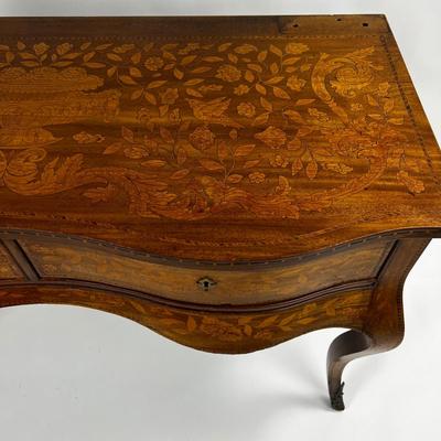 1101 Antique Dutch Marquetry Inlaid Vanity Desk & Dutch Marquetry Vanity Bench