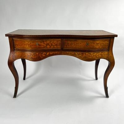 1101 Antique Dutch Marquetry Inlaid Vanity Desk & Dutch Marquetry Vanity Bench