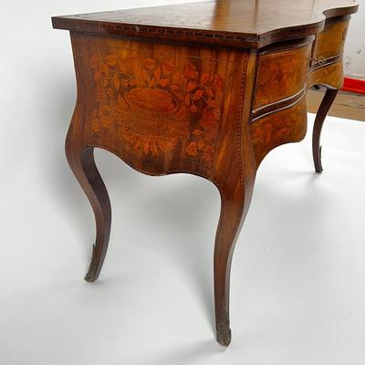 1101 Antique Dutch Marquetry Inlaid Vanity Desk & Dutch Marquetry Vanity Bench