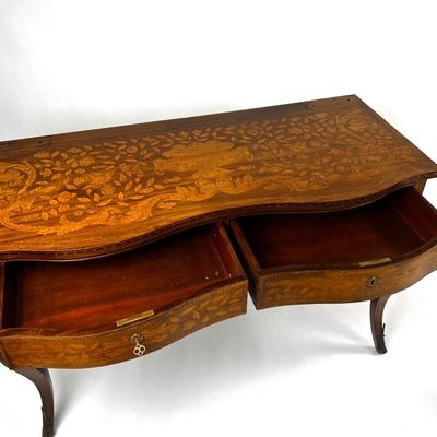 1101 Antique Dutch Marquetry Inlaid Vanity Desk & Dutch Marquetry Vanity Bench