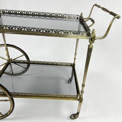 1102 Vintage Neoclassical French Brass/Silver Metal Bar Cart