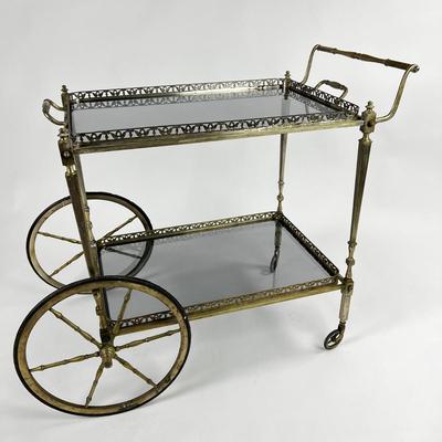 1102 Vintage Neoclassical French Brass/Silver Metal Bar Cart