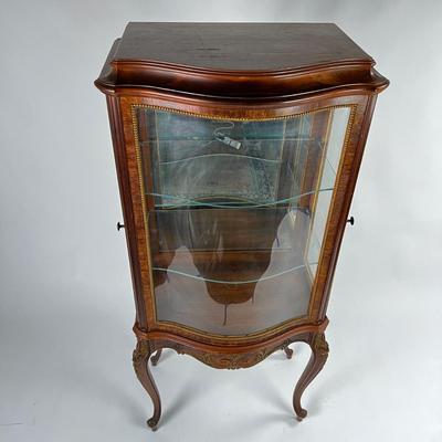 1103 Antique French Curio Cabinet with Bowed Front Glass and Two Shelves