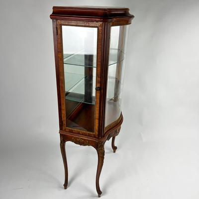 1103 Antique French Curio Cabinet with Bowed Front Glass and Two Shelves