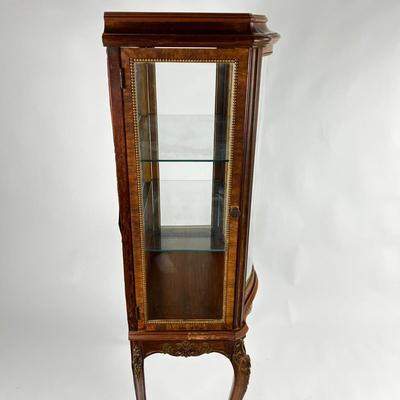 1103 Antique French Curio Cabinet with Bowed Front Glass and Two Shelves