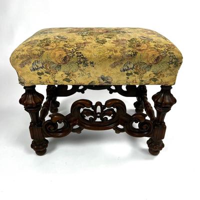 1104 Antique Italian Baroque Carved Ottoman with Tapestry Seat