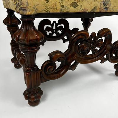 1104 Antique Italian Baroque Carved Ottoman with Tapestry Seat