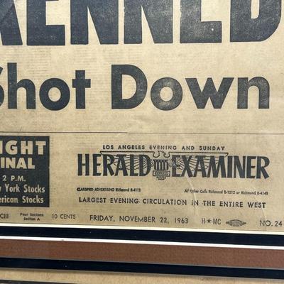 Framed Vintage Kennedy Slain Assassination Newspaper Front Page News 11/22/63 Herald Examiner