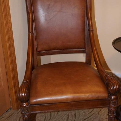 HOOKER DESIGN HIGH BACK SIDE CHAIR W/ BROWN LEATHER UPHOLSTERY /CARVED WOOD FRAME.