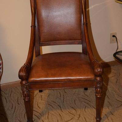 HOOKER DESIGN HIGH BACK SIDE CHAIR W/ BROWN LEATHER UPHOLSTERY /CARVED WOOD FRAME.