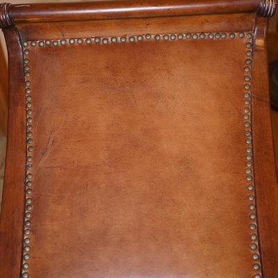 HOOKER DESIGN HIGH BACK SIDE CHAIR W/ BROWN LEATHER UPHOLSTERY /CARVED WOOD FRAME.