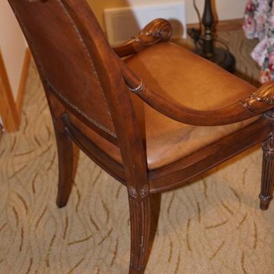 HOOKER DESIGN HIGH BACK SIDE CHAIR W/ BROWN LEATHER UPHOLSTERY /CARVED WOOD FRAME.