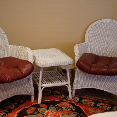 PAIR OF WHITE WICKER/QUALITY. CHAIRS WITH SIDE TABLE.