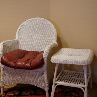 PAIR OF WHITE WICKER/QUALITY. CHAIRS WITH SIDE TABLE.