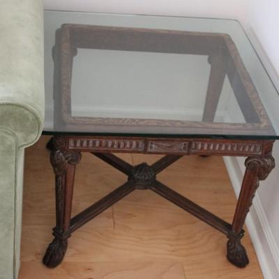 Glass Top and Wood Frame Side Table with Ram's Head and Hoof Design Accents
