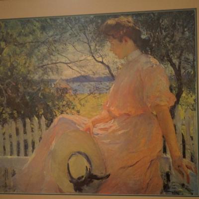 ARTIST TIM BENSON  IMPRESSIONIST FRAMED PRINT OF YOUNG WOMAN ON PORCH FRAMED