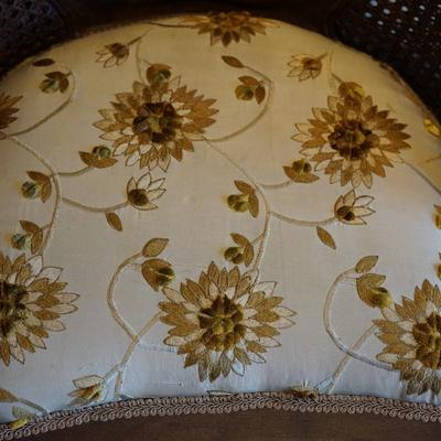 FRENCH STYLE SIDE CHAIR OF CANED BACK/ DAMASK SEAT W/ NEEDLEWORK SUNFLOWERS