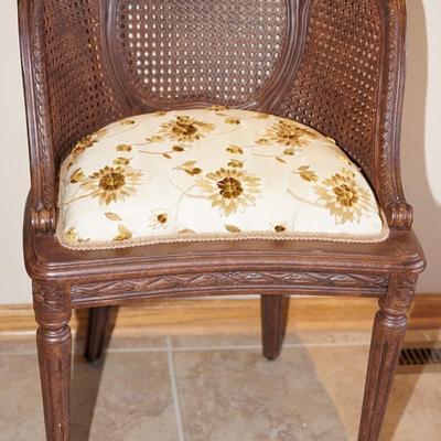 FRENCH STYLE SIDE CHAIR OF CANED BACK/ DAMASK SEAT W/ NEEDLEWORK SUNFLOWERS