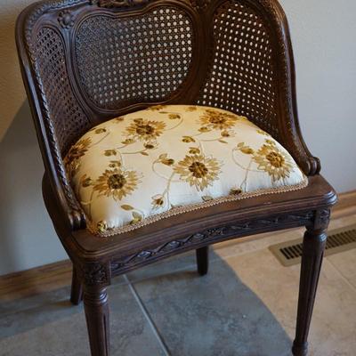 FRENCH STYLE SIDE CHAIR OF CANED BACK/ DAMASK SEAT W/ NEEDLEWORK SUNFLOWERS