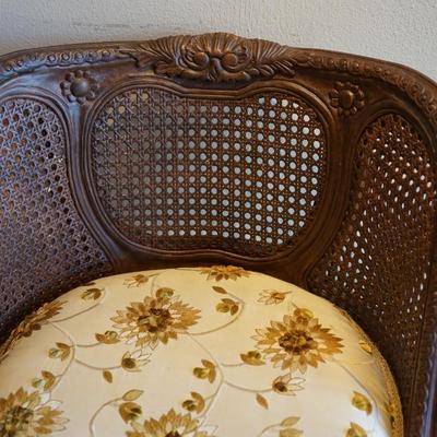 FRENCH STYLE SIDE CHAIR OF CANED BACK/ DAMASK SEAT W/ NEEDLEWORK SUNFLOWERS