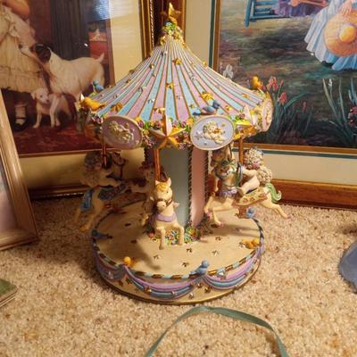 VINTAGE GLASS LADY LAMP BASE, MUSICAL CAROUSEL, PICTURES, MORE