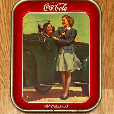 Vintage 1942 COCA COLA Metal Serving Tray, Girls & Green Convertible Roadster