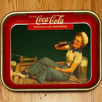 Vintage Coca Cola 1940's Sailer Girl Fishing Metal Tray