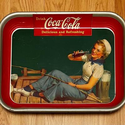 Vintage Coca Cola 1940's Sailer Girl Fishing Metal Tray